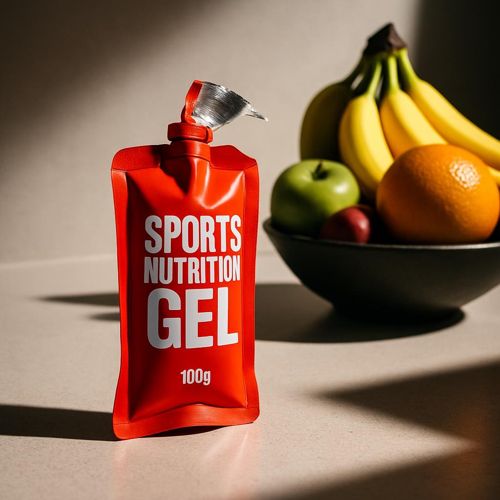 An image of a red pouch filled with some kind of nutrition gel standing on a table near some fruit.