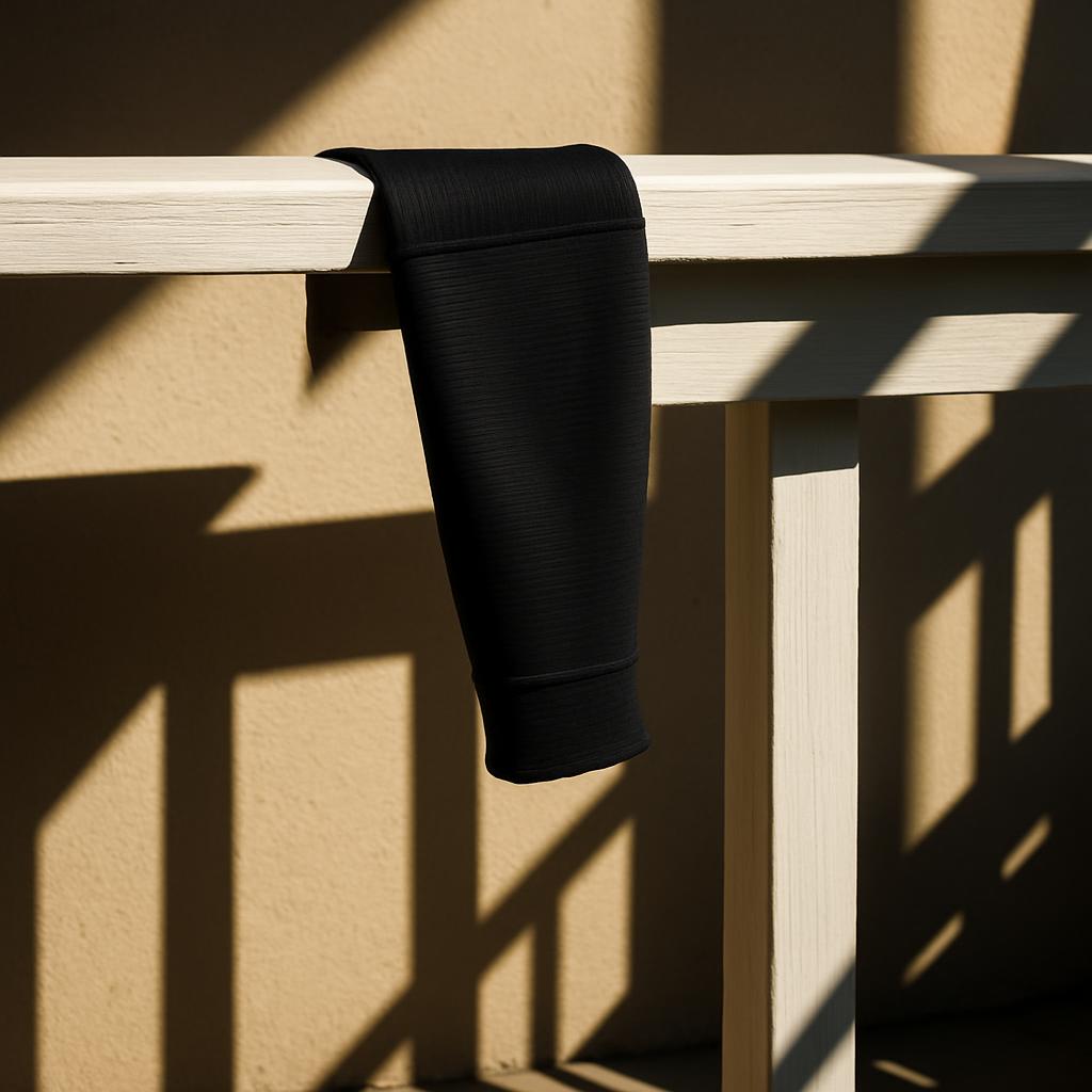 A close-up of a black legging, possibly nylon or spandex, hangs down from a railing as sunlight casts shadows on the wall ...