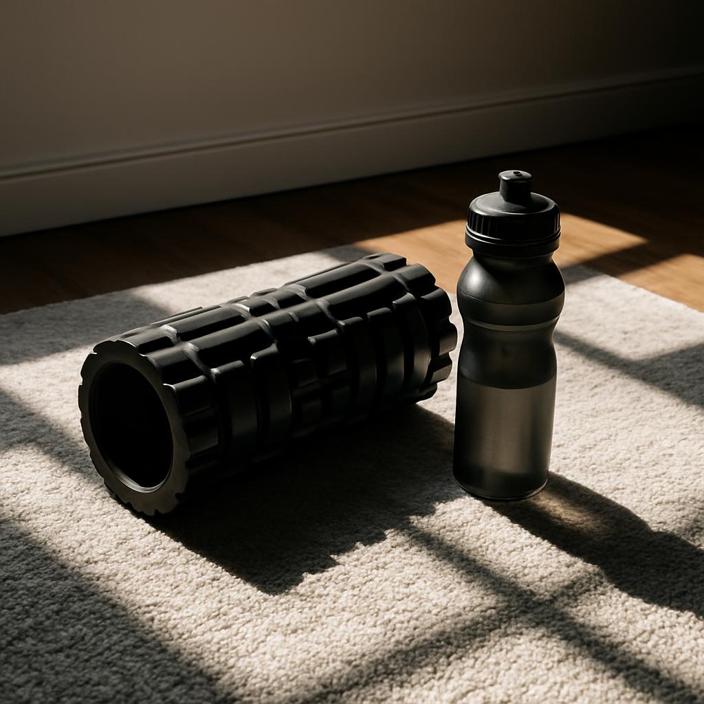 A fitness roller and water bottle sit on a rug, illuminated by the sun's gentle touch through a window with horizontal bar...