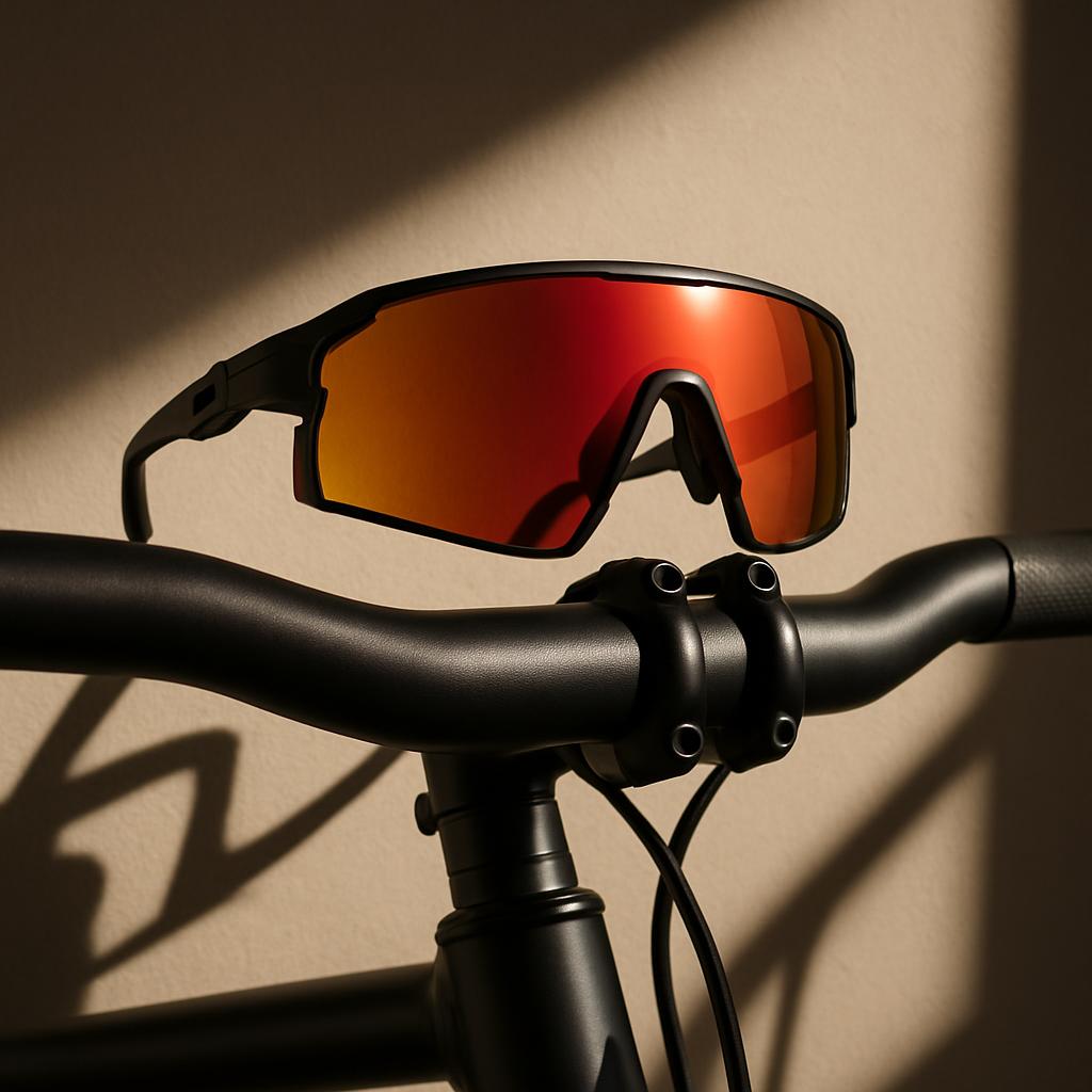 An image of a pair of orange reflective cycling sunglasses attached to a bike, with a handlebar.