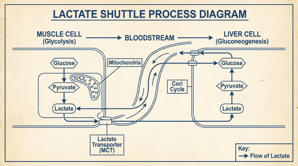Diagram showing lactate transport from muscle cells to liver cells via the bloodstream.