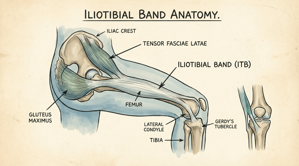 Iliotibial Band Anatomy diagram showing Iliac Crest, Tensor Fasciae Latae, Gluteus Maximus, ITB, Femur, Tibia, and knee structures.